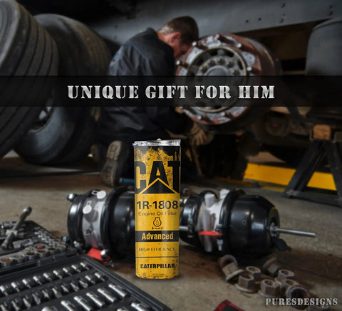 Oil Filter Cat Tumbler Coffee Cup for Car Lovers Gearheads Stay Unique At Work, next to car parts in garage setting
