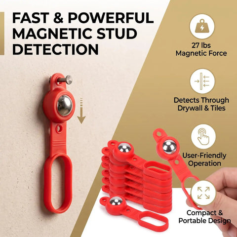 Luocute Magnetic Stud Finder 27 Lbs Force, Compact Handheld Design in red, demonstrating strong magnetic stud detection on wall.