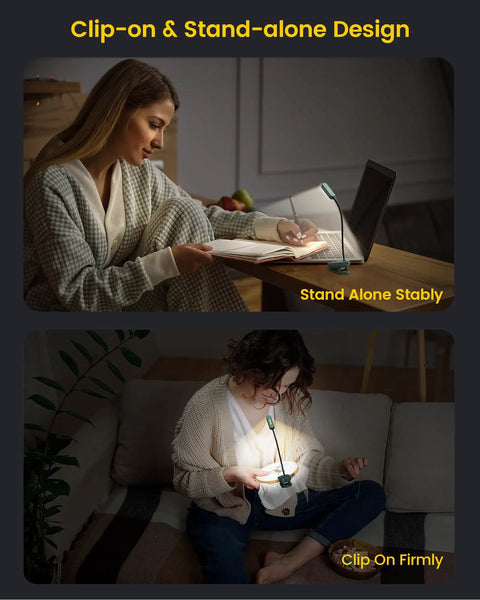 Two women using Clip On Reading Light With 16 LED Double Row Beads, one on desk and one clipped to book, green color
