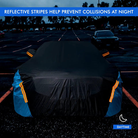 All Weather Waterproof 6 Layer Exterior Cover For Sedans And SUVs With Zipper Mirror Pocket UV Sun Snow Protection Durable Cotton Trim Red Or Blue Fits 190-195 Inch Includes Portable Storage Bag, showing reflective stripes at night