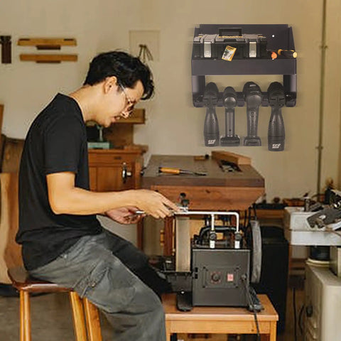 Man using Heavy Duty Power Tool Rack For Electric Drill Wall Mount Organizer For Garage Home Workshop And Shed Storage