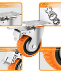 Heavy Duty Five Inch Polyurethane Caster Wheels With Rock Solid Dual Lock Brakes and Slick 360 Degree swivel showcasing double locking device and bearings.