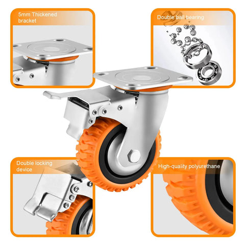 Heavy Duty Five Inch Polyurethane Caster Wheels With Rock Solid Dual Lock Brakes and Slick 360 Degree swivel showcasing double locking device and bearings.