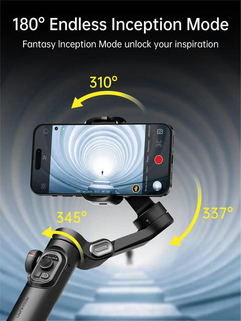 3 Axis Smartphone Gimbal Stabilizer Foldable Handheld For iPhone And Android with focus wheel in inception mode.