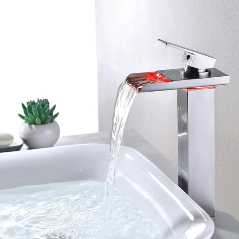 Lit LED Waterfall Bathroom Faucet For Vessel Sink, Oil-Rubbed Bronze, Tall 1-Hole Single-Handle Brass Tap with flowing water