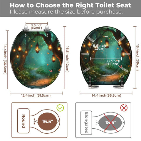 Toilet Seat Round Resin for Bathroom size guidance image with measurements for fitting round and elongated options.