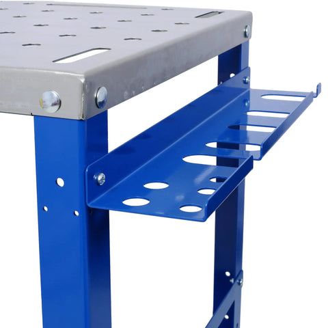 Heavy Duty Welding Table 36 By 18 Inches On Locking Wheels Carbon Steel Workbench featuring storage tray and fixture holes.