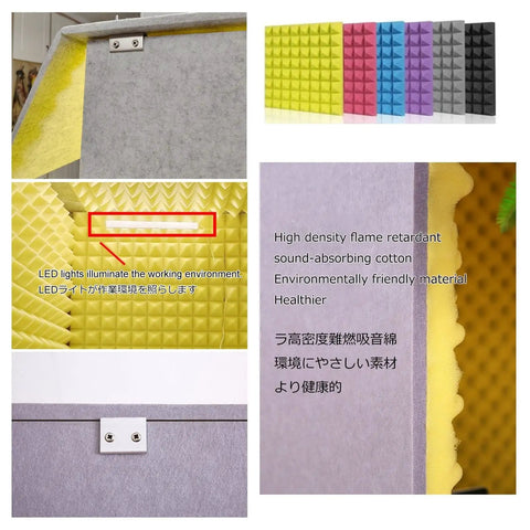 Top Tier Portable Soundproof Booth Desktop Vocal Shield with high density acoustic foam panels and LED lights for recording.