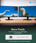 Dual monitors showing vibrant dinosaur images, highlighting Thunderbolt 5 Dock With M.2 NVMe SSD Expansion And 10Gb Ethernet.
