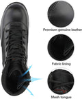 Top view of Mens Heavy Duty Steel Toe Work Boots For Construction And Industrial Safety showing leather upper, fabric lining, and mesh tongue