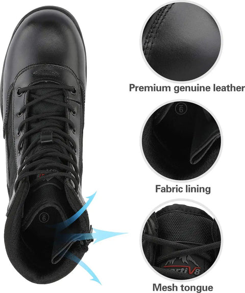 Top view of Mens Heavy Duty Steel Toe Work Boots For Construction And Industrial Safety showing leather upper, fabric lining, and mesh tongue