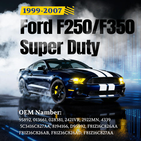 Front view of black Ford F250/F350 Super Duty 1999-2007 with foggy background displaying OEM numbers
