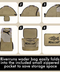 Vented Mesh Wader Bag With Foldable Changing Pad for Fishing and Hunting Gear, Khaki, Foldable Compact Design