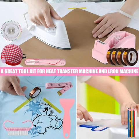 Pink Sublimation Shirt Tool Kit with 8 T Shirt Rulers, teflon sheet, tape dispenser, heat resistant gloves, pins.