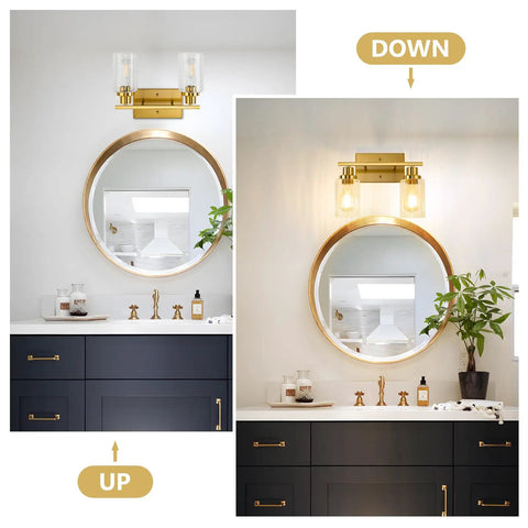 Two Light Brushed Gold Vanity Light With Fluted Glass Shade For Modern Bathroom Over Mirror Dope Gold Vanity Fixtures display