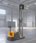 Heavy Duty Counterbalanced Electric Pallet Stacker 3300 Lbs Capacity 118 Inch Lift Height in warehouse setting.