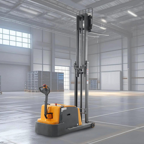Heavy Duty Counterbalanced Electric Pallet Stacker 3300 Lbs Capacity 118 Inch Lift Height in warehouse setting.