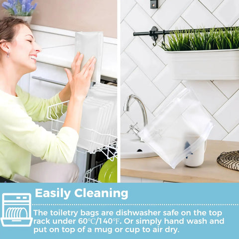 Woman placing Leakproof Clear Toiletry Bags Set Of 4 in the dishwasher and air-drying on a cup next to faucet, BPA-free
