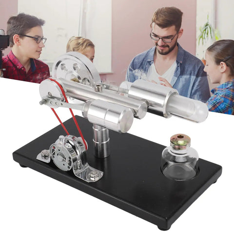 Stirling Engine Model With Colorful LED Light, Cool Hands On Educational DIY Power Generator Toy That Converts Heat Into Electricity on black base