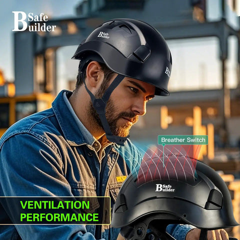 Heavy Duty Abs Safety Helmet With Built In Visor And Quick Air Vent Osha Certified For Actual Job Sites Giving Rock Solid Head Protection In Classic Black Finish worn by a man in a construction setting.