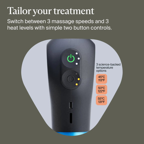 Control panel of Mini Plus Massage Gun With Heat For Faster Recovery On The Go, showing heat levels and speed settings.