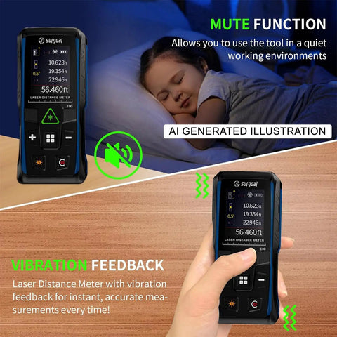 Green Laser Measuring Tool With Handy Angle Sensor 4 Way Rotating Color LCD Vibration Alert Up To 328 Feet Range Auto Screen Rotation For Easy Reading From Any Angle mute and vibration view