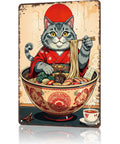 Funny Cat In Ramen Bowl Metal Sign With Chopsticks Tin Wall Art 8x12 Inch For Home Office Garage Room Decor Vintage Style