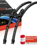 Top Tier 24 And 19 Inch Windshield Wiper Blades With Embedded Wear Indicator Plus Bonus Cleaning Towel displayed with installation manual.