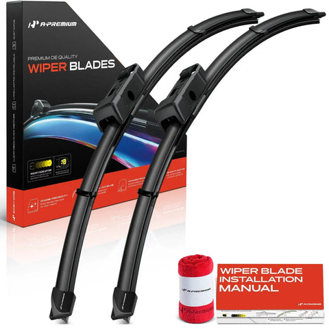 Top Tier 24 And 19 Inch Windshield Wiper Blades With Embedded Wear Indicator Plus Bonus Cleaning Towel displayed with installation manual.