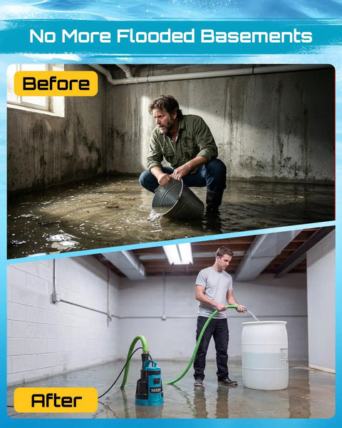 Before and after showing Automatic Submersible Water Pump With Smart Float Switch Delivers 5548 GPH handling basement water removal seamlessly.