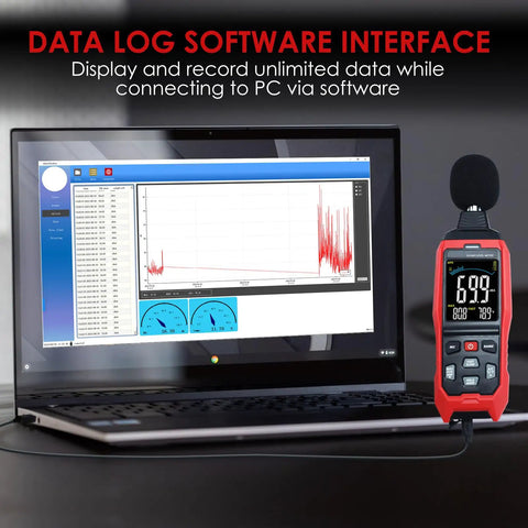 Sound Level Data Logger With Real Time Decibel Readouts 30 To 130 dB, PC Export software interface on laptop screen
