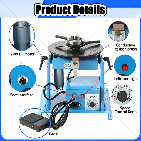 Solid Rotary Welding Positioner Workhorse with 20W DC motor, foot pedal, speed control knob, and conductive carbon brush.