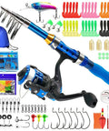 Kids Fishing Rod Set 1.5M Telescopic Pole With Reel, Line And Tackle Kit, blue rod, tackle accessories, and travel bag