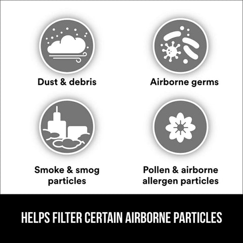 Infographic showing Particulate N95 Respirator 9205 Flat Fold Lightweight Non Valved helping filter dust, germs, smoke, and allergens.