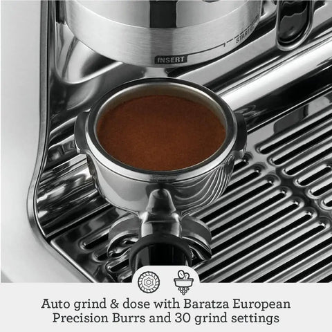 Level Up Your Daily Grind With This Pro Grade Bean To Cup Espresso Machine Featuring A Built In Grinder Automatic Milk Steamer And Sophisticated Black Truffle Design. Close-up of espresso portafilter with fresh coffee grounds.