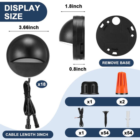 18 Pack Low Voltage LED Path Lights Outdoor Waterproof Garden Yard Patio Lighting 2.5W Warm White 2700K with parts and dimensions