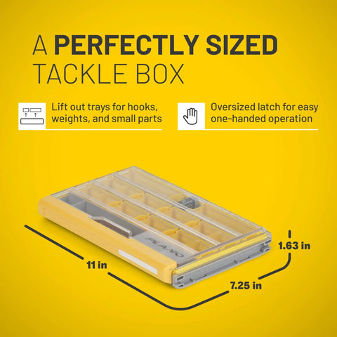 Edge 3600 Terminal Tackle Storage Box With Rust Resistant Dri Loc Waterproof Seal gray and yellow dimensions view.