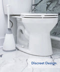 Top Shelf Toilet Plunger With No Drip Carrying Caddy And Suction Lock Seal That Kicks Gnarly Drain Clogs Swift While Preserving Your Restroom From Messy Splash Back During Routine Home Care Tasks next to a white toilet on marble floor.