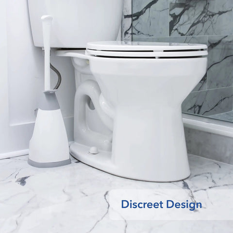 Top Shelf Toilet Plunger With No Drip Carrying Caddy And Suction Lock Seal That Kicks Gnarly Drain Clogs Swift While Preserving Your Restroom From Messy Splash Back During Routine Home Care Tasks next to a white toilet on marble floor.