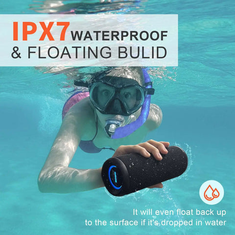 Person swimming underwater with Wireless Portable Speaker With 25W Bangin Bass And Bassboom Technology IPX7 Waterproof Bluetooth Speaker TWS Pairing Built In Mic 16 Hour Playtime With Lights For Home And Outdoor Fun