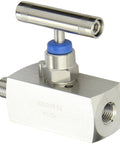 316 stainless steel straight needle valve with T-handle, blue cap; 1/4 in NPT x 1/4 in NPT, 10000 psi