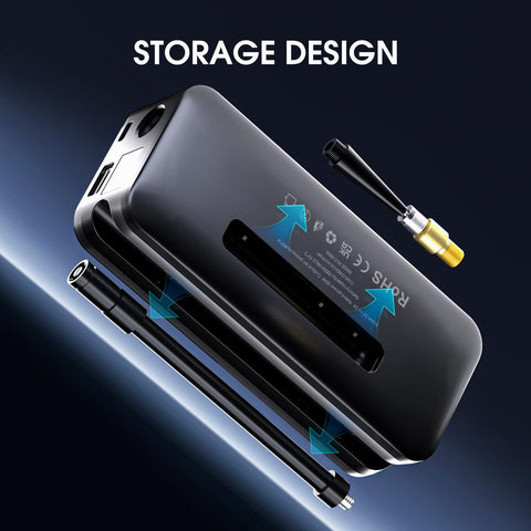 Cordless Tire Inflator Portable Air Compressor With Digital Dual Screen Pressure Gauge storage design