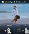 Person carrying ultra-light and one hand carry Hikemoon cart on a beach, comparison to two similar dog-sized carts below.