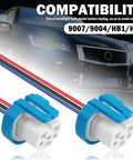 Rock Solid Ceramic Headlight Wiring Harness Connector Adapter For 9007 9004 Hb1 Hb5 Bulbs, featuring two ceramic plugs and color-coded wires.
