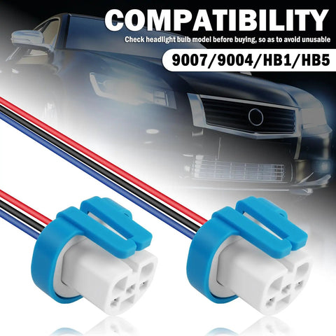 Rock Solid Ceramic Headlight Wiring Harness Connector Adapter For 9007 9004 Hb1 Hb5 Bulbs, featuring two ceramic plugs and color-coded wires.