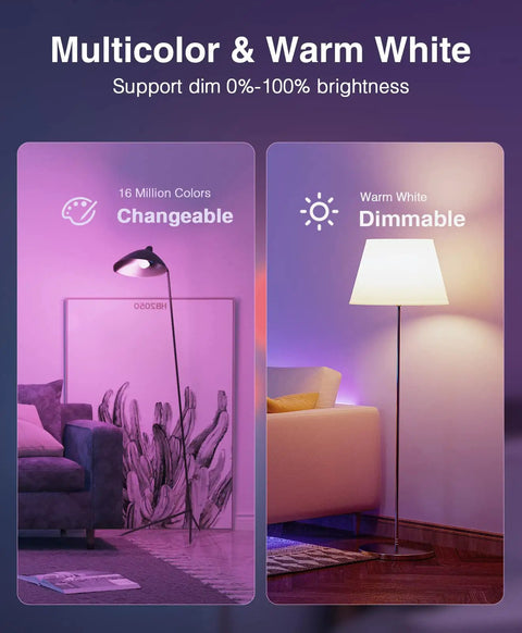 Smart A19 Color Changing LED Bulbs 4 Pack with Dimmable RGB Lighting 2700K Warm White 800 Lumens E26 Base living room lamps