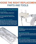 Durable Dryer Heating Element With Thermostat Kit And Thermal Cut Off Fuse Replacement For Kenmore Whirlpool Maytag GE Models MEDB835DW4 GEW9250PW0 Premium Nickel Chromium Wire With 85 Percent Content For Longer Life And Easy Install product shown with instructions on background.