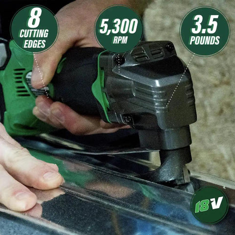 User operating 18V MultiVolt Cordless Shear Tool Only No Battery With 8 Cutting Edges And Two Sets For Easy Replacement For Long Lasting Service Life At 5300 RPM Built In Safety Protector Plate For Quick Clean Cuts on metal sheet