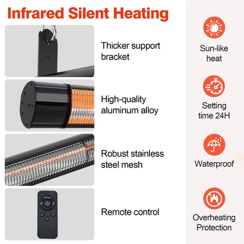 Outdoor Patio Heater With Remote Control And Built In Temperature Control 1500W Hanging Or Ceiling Or Wall Mounted For Indoor And Outdoor Use IP55 Weatherproof Black with aluminum alloy and stainless steel mesh