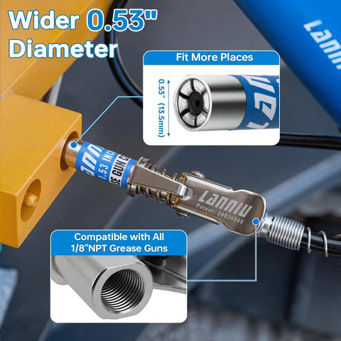 Heavy Duty 8000 PSI Lever Grease Gun Kit with 0.53 inch grease coupler showing compatibility and fit features